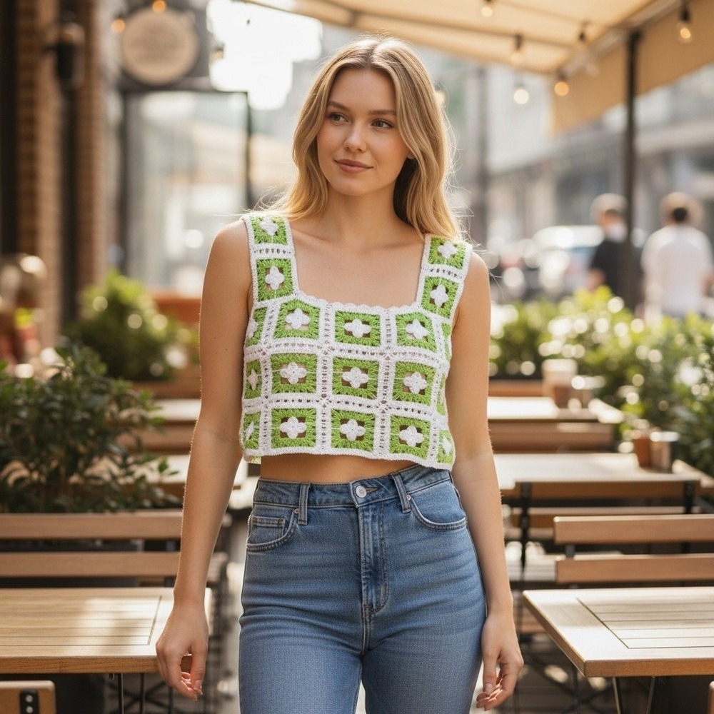 Julia by Love J Crochet Tank Top M Green NWT Granny Square 70s Style Festival